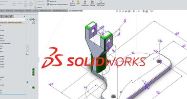 A 3D CAD model of a bracket being designed in SolidWorks