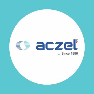 Aczel logo with tagline since 1986 on a white circular background.