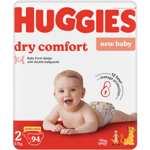 Huggies Dry Comfort diapers for new babies with 12-hour leakage protection and double leakguards.