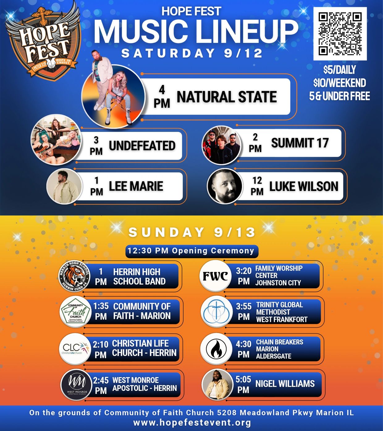 Hope Fest music lineup for September 12-13 with various bands and performers.
