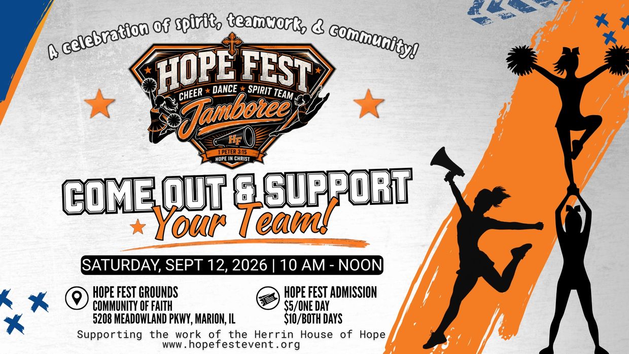 Flyer for Hope Fest Jamboree cheer event on Sept 12, 2026.