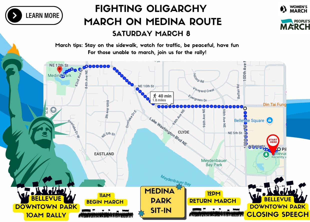 March route details between Bellevue Downtown Park and Medina Park