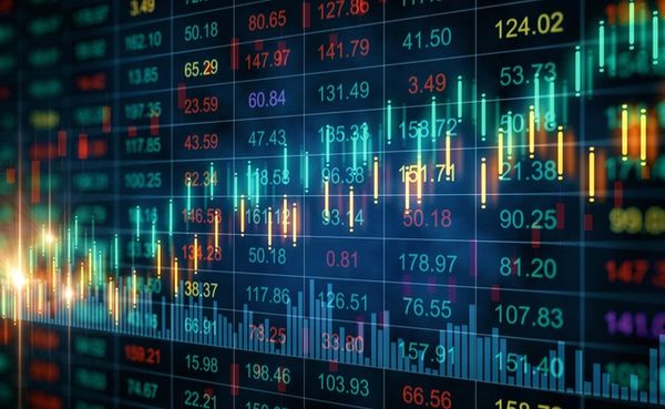 Colorful financial chart with candlesticks and numbers showing stock market trends.