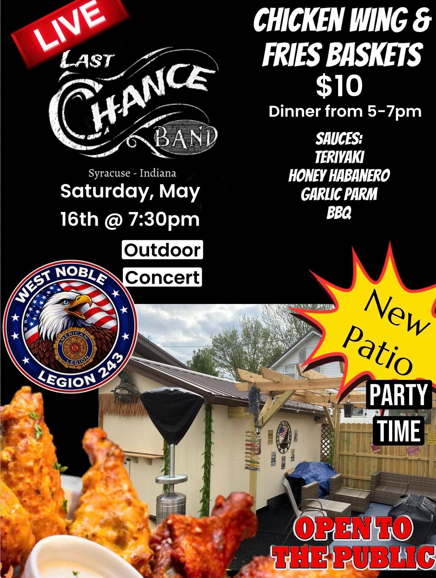 Outdoor concert with Last Chance Band, chicken wing &amp; fries baskets, and new patio party time.