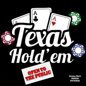 Texas Hold'em poker logo with playing cards and chips, open to the public.