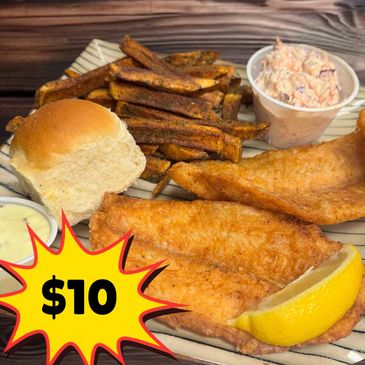 Fried fish meal with fries, coleslaw, roll, and lemon for $10.