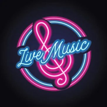 Neon sign with a treble clef and 'Live Music' text.