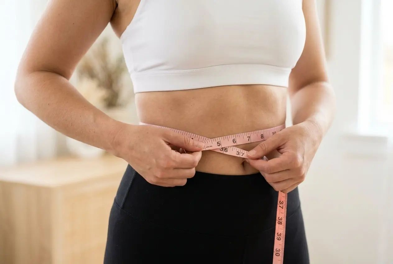Person measuring waist with tape measure.