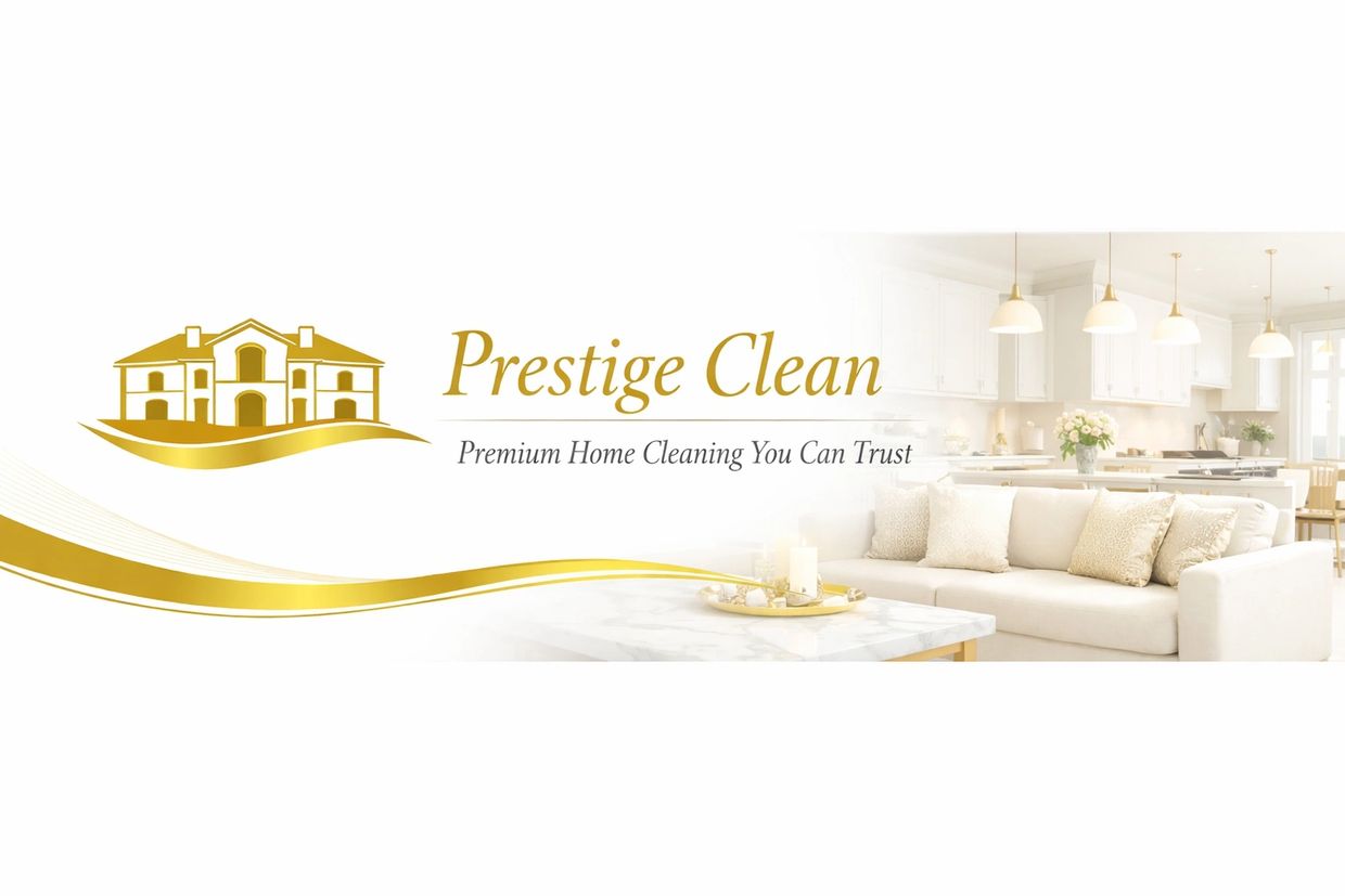 Prestige Clean logo with tagline and elegant living room background.
