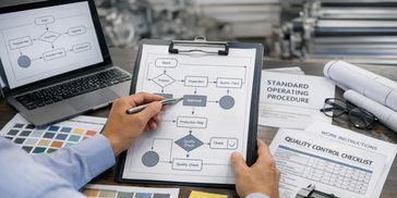 Person reviewing a quality control flowchart with documents and a laptop on a desk.