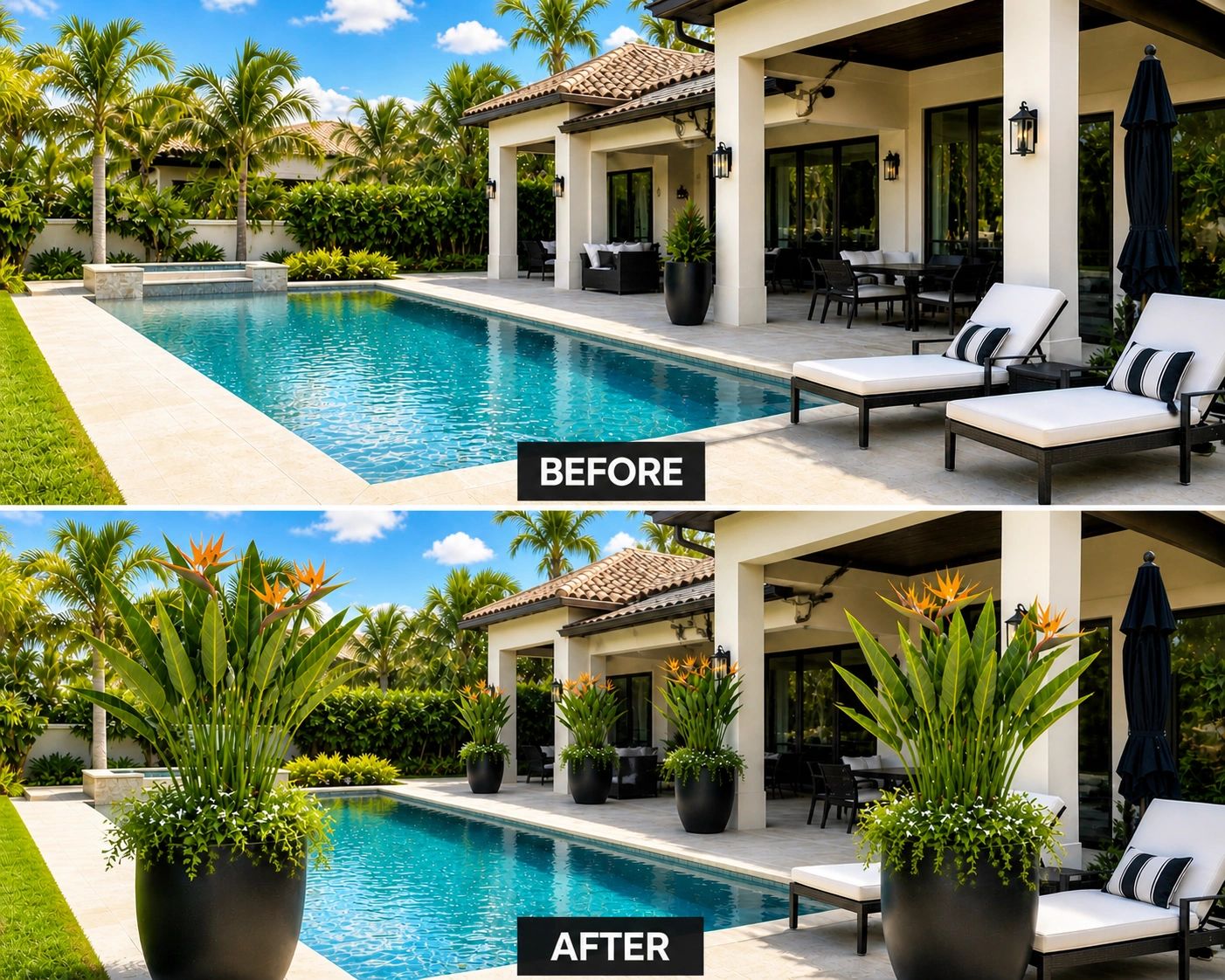 Poolside transformation with added vibrant potted plants enhancing the patio ambiance.