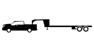 Silhouette of a pickup truck towing a long flatbed trailer with dual rear wheels.
