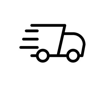 Black and white icon of a fast delivery truck with motion lines.