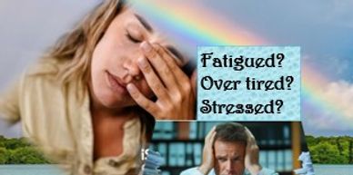 Two stressed individuals under a rainbow with questions about fatigue and stress.