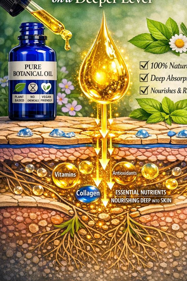 Illustration showing botanical oil nourishing skin with deep absorption and natural nutrients.