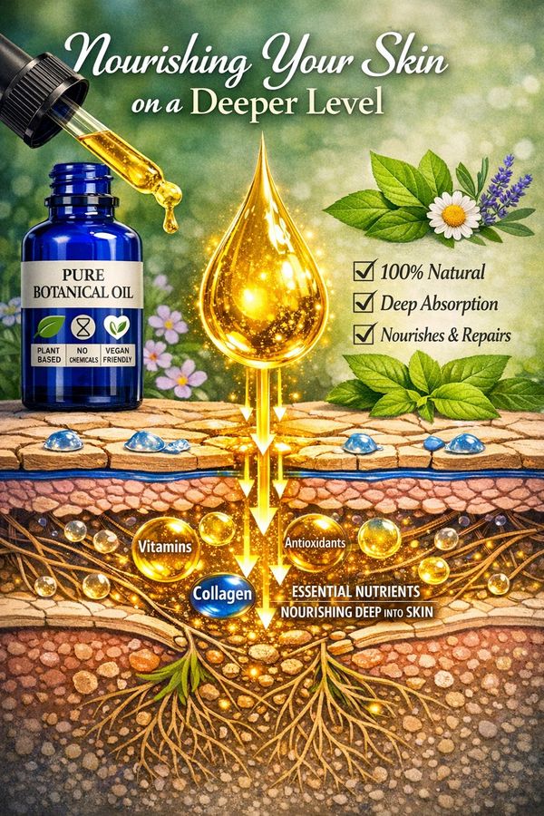 Illustration showing botanical oil nourishing skin with deep absorption and natural nutrients.