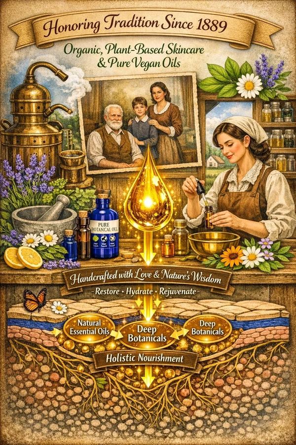 Illustration promoting organic, plant-based skincare with deep botanicals and natural essential oils.