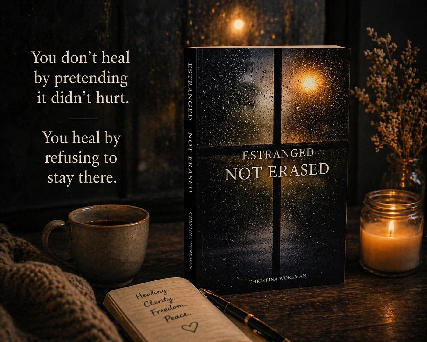 A comforting scene with a book, candle, coffee, and healing message about emotional recovery.