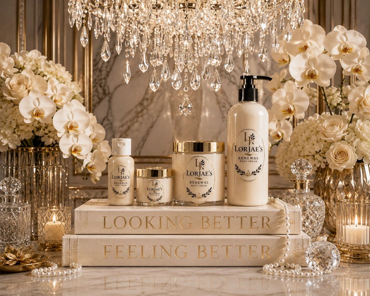 Elegant skincare set with flowers and candles.