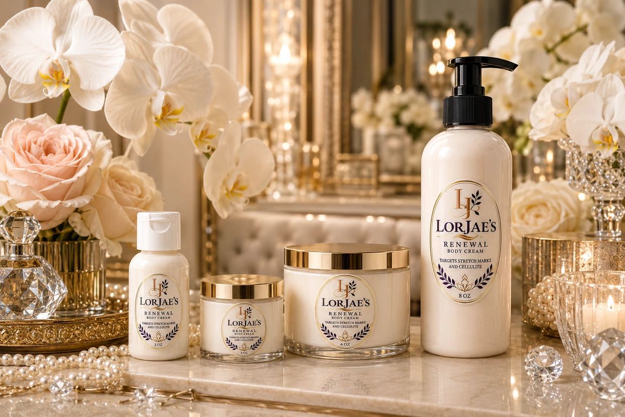 Luxurious skincare products with floral decor on a vanity.