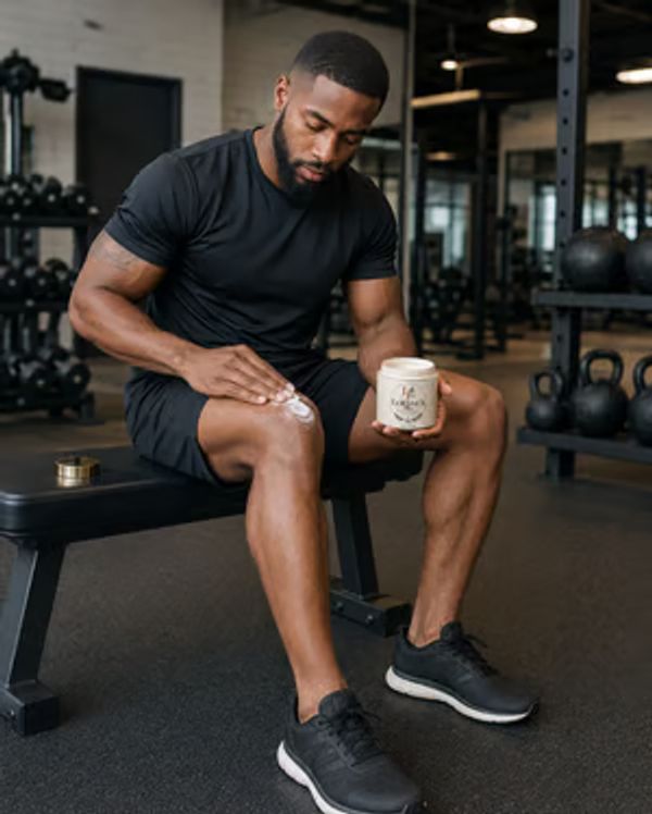 Man applying cream on his knee in a gym.