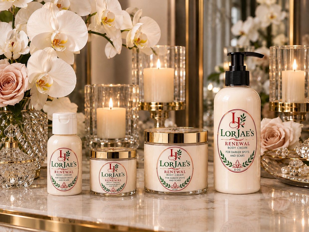 LorJae's Renewal body cream set elegantly displayed with flowers and candles.