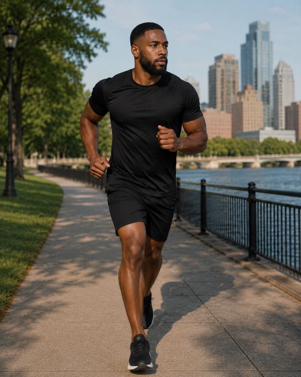 Man jogging outdoors near water and cityscape.