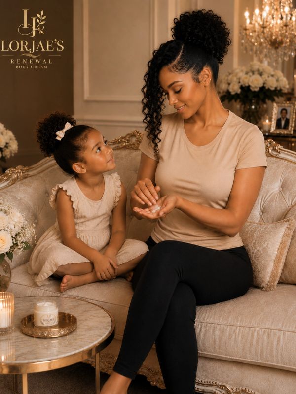 Mother and daughter bonding with body cream on elegant sofa.