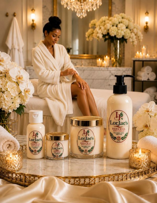 Woman in spa robe with LorJae's skincare products on marble table.