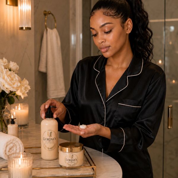 Woman in black silk pajamas using skincare product in bathroom.