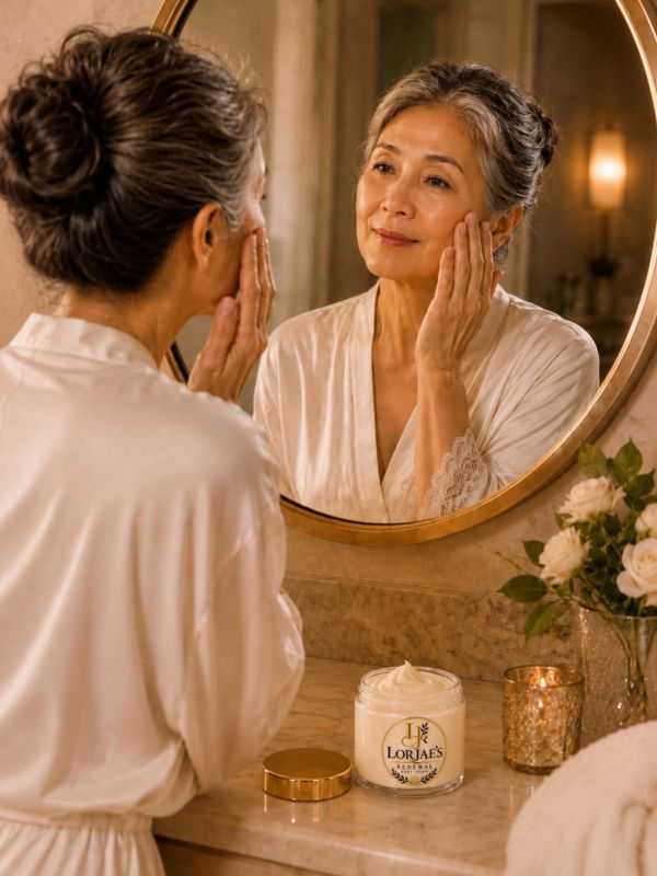 Mature woman applying skincare cream in front of a mirror.
