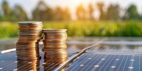 Stacks of coins on solar panels with a sunrise background.