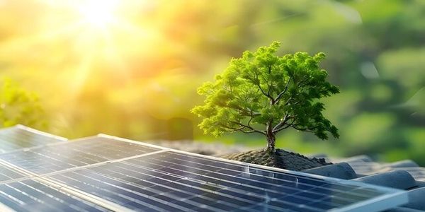 Small tree growing beside solar panels under bright sunlight.