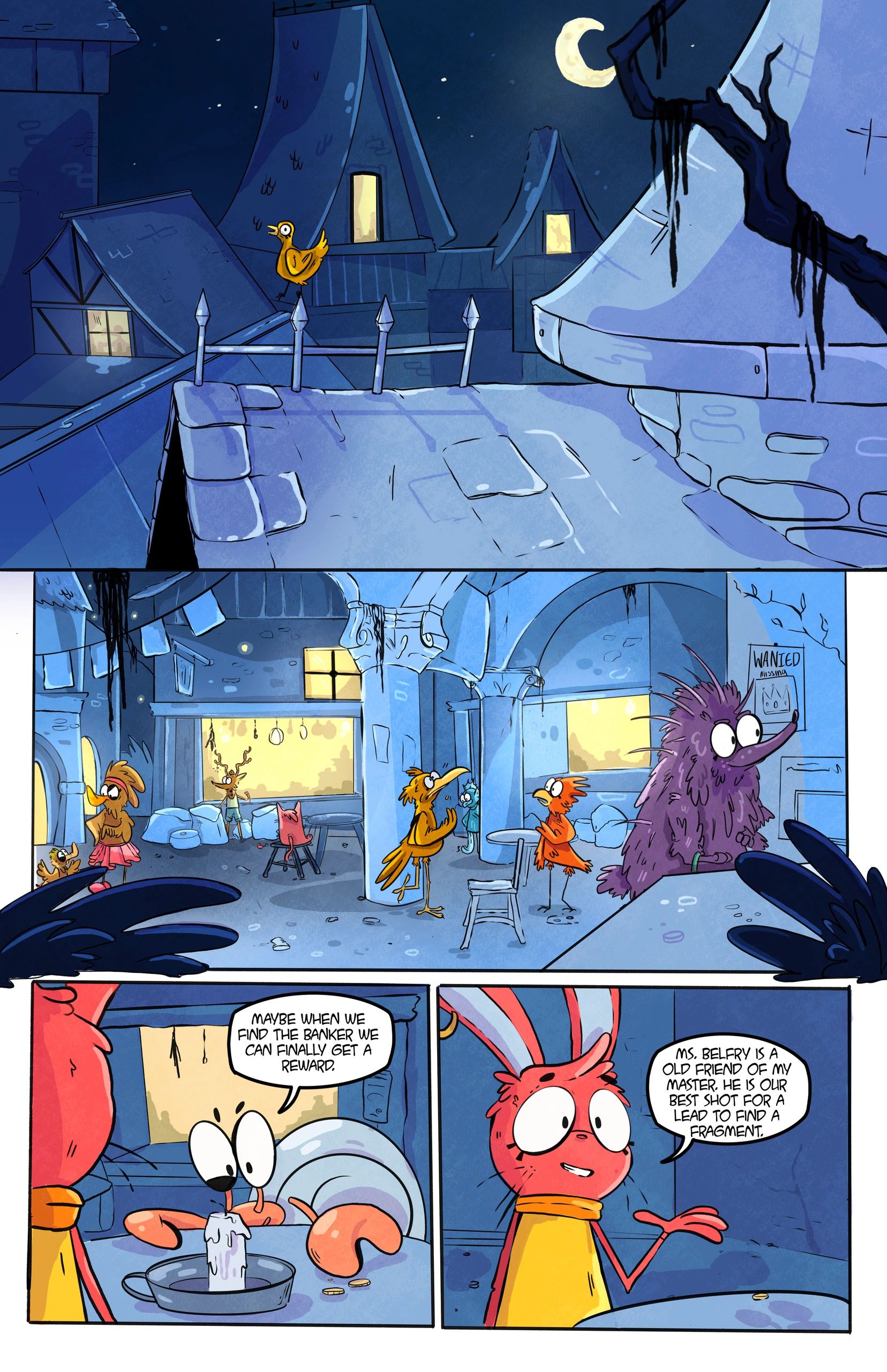 Cartoon animals discuss a banker at night in a dimly lit room.