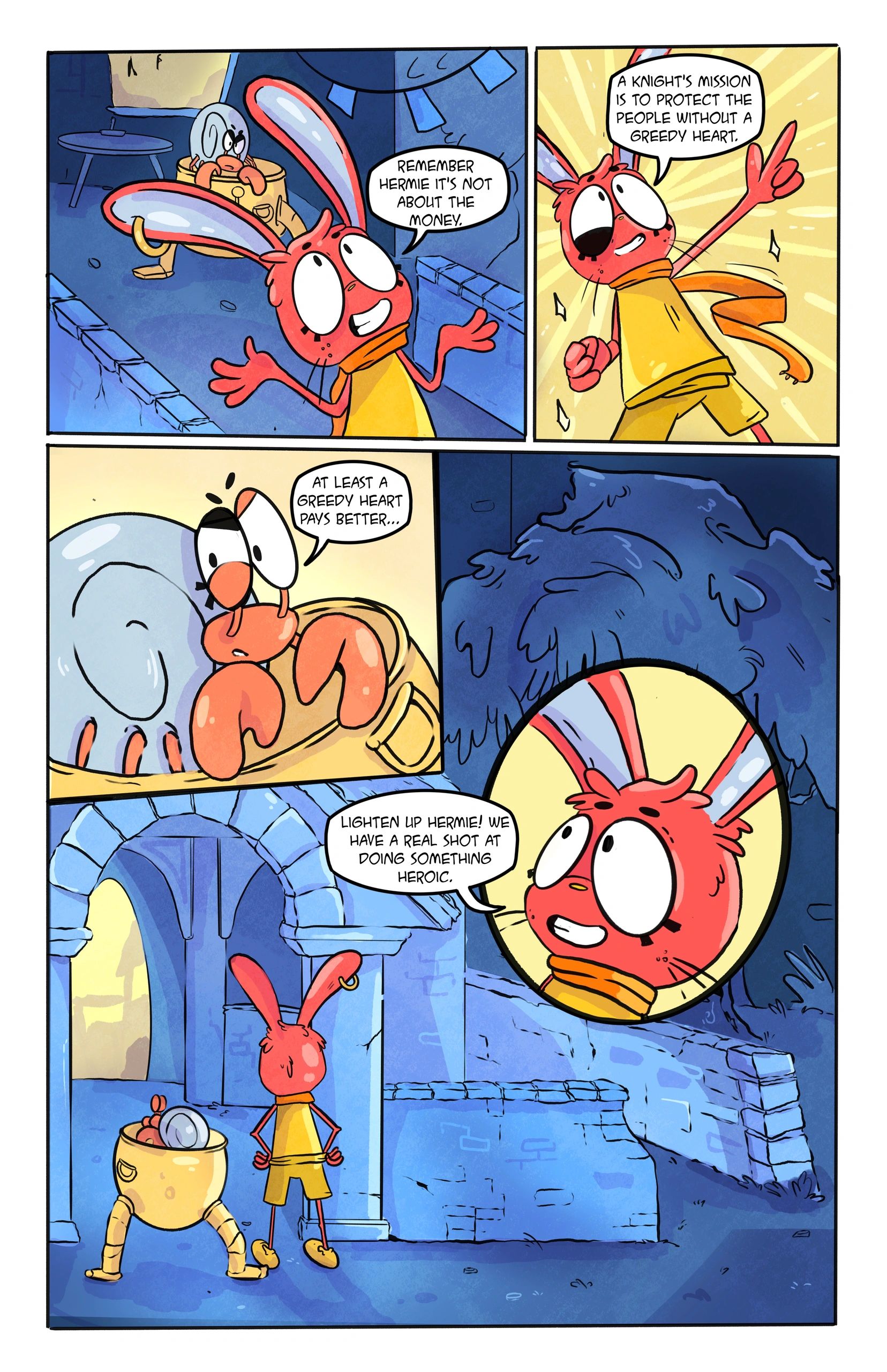 Two characters discuss heroism and greed in a castle setting.