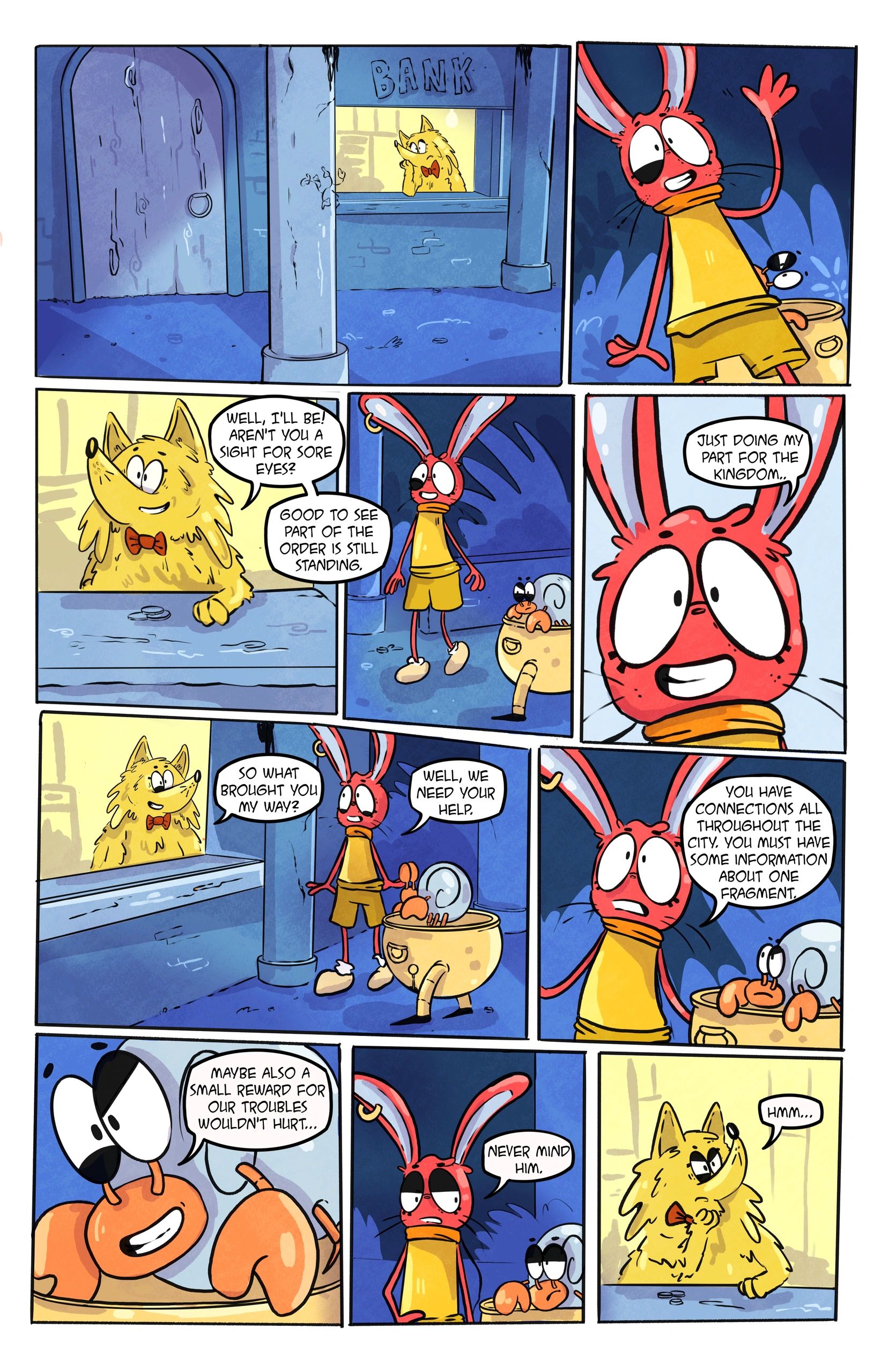 A red rabbit seeks help from a yellow dog at a bank with a helpful crab companion.