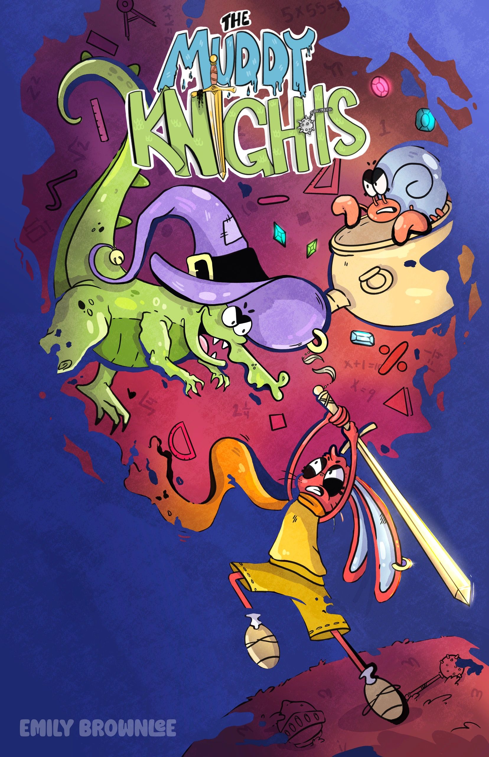 Cartoonish characters from The Muddy Knights in a colorful battle scene.