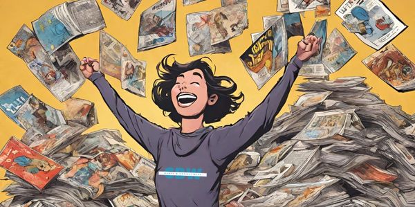 A person rejoices around comic books wearing a Comic Book Warehouse CBW Games & Collectible shirt.