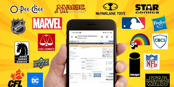 Online Collectible Auction on smartphone. Comic, Magic the Gathering, and more popular logos.