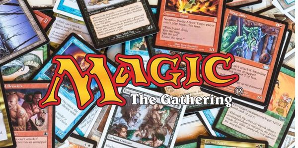 Magic the Gathering logo over a pile of Magic the Gathering single cards.