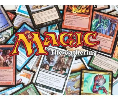 Magic The Gathering Logo over a pile of Magic The Gathering singles, comic book store lgs graphic.