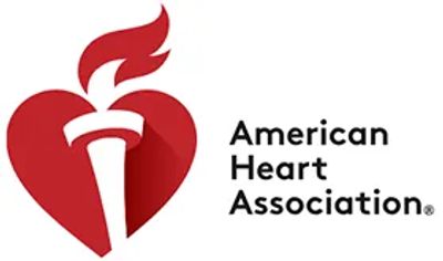 Logo of the American Heart Association with a heart and torch design.