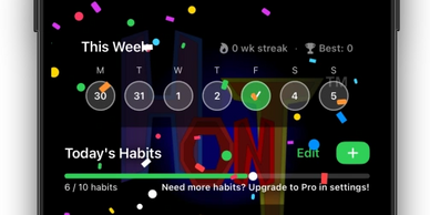 A habit tracker app showing weekly progress with celebratory confetti.