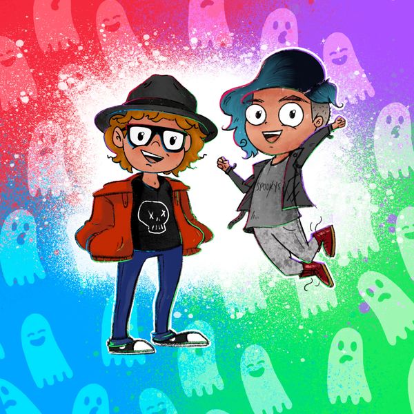 Two cheerful cartoon characters with ghostly background in vibrant colors.