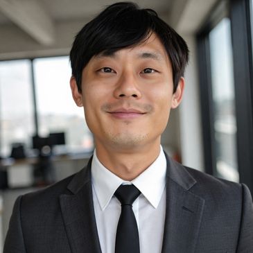 Young Asian man in a suit smiling confidently indoors.