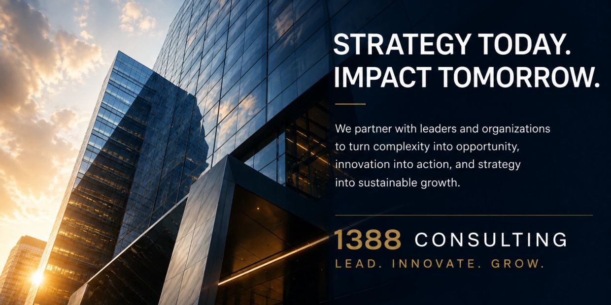 Modern skyscraper with consulting company slogan about strategy and growth.