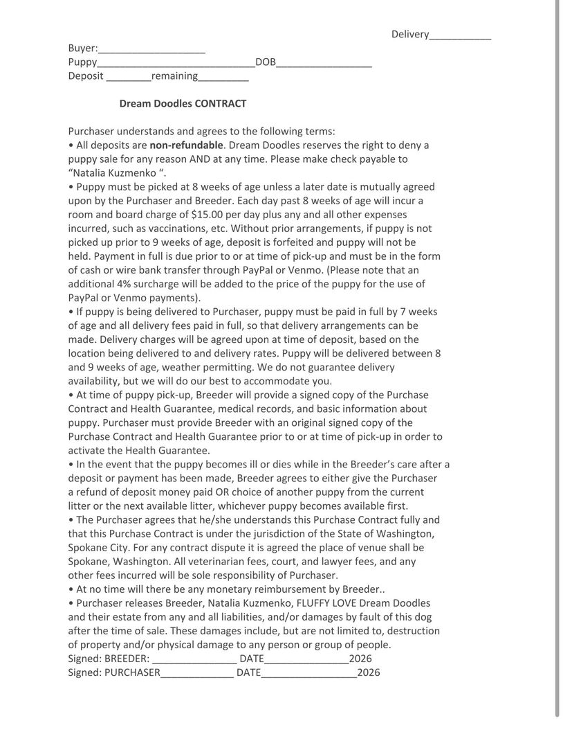 Dream Doodles puppy sale contract outlining terms, payment, delivery, health guarantee, and liability release.