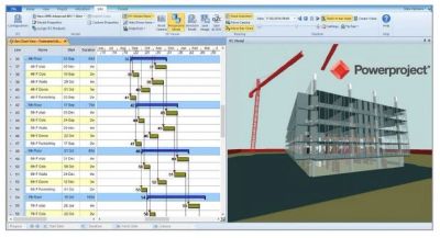 Project management software showing a Gantt chart and 3D building model.