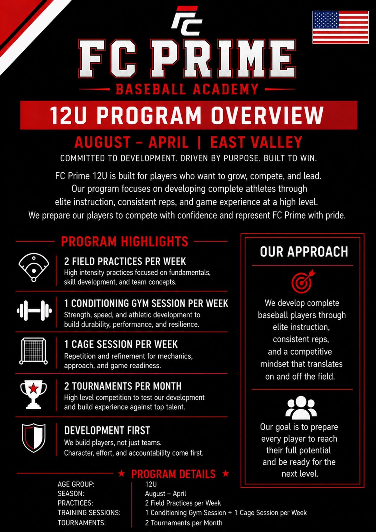 FC Prime 12U Baseball Program overview with training and competition details.