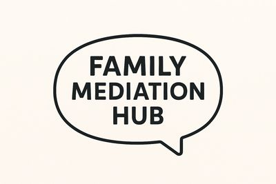 Speech bubble with "Family Mediation Hub" text inside.